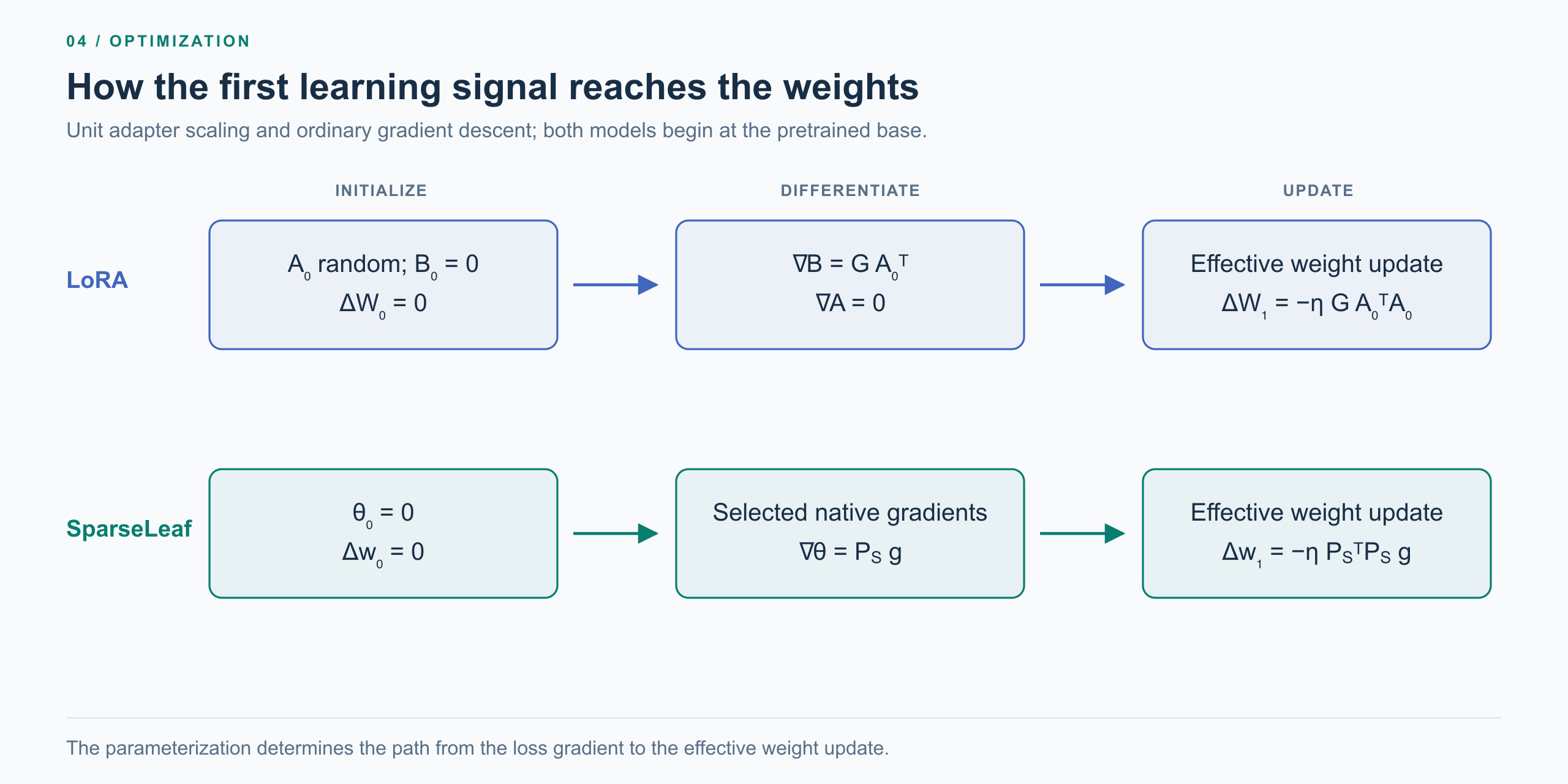 Two first-step learning paths: LoRA transforms the weight gradient through its initialized factors, while SparseLeaf extracts the selected native coordinates.
